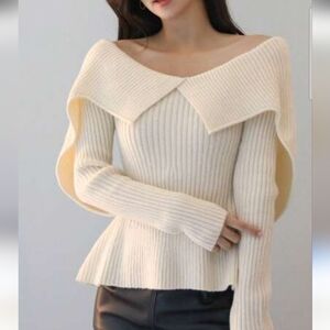 SHEIN Women's Sweater Small Cream Peplum Flutter Sleeve Pullover Dainty Feminine